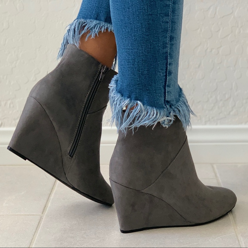 Smoked Grey Pointy Toe Wedge Ankle Bootie - Picture 6 of 7